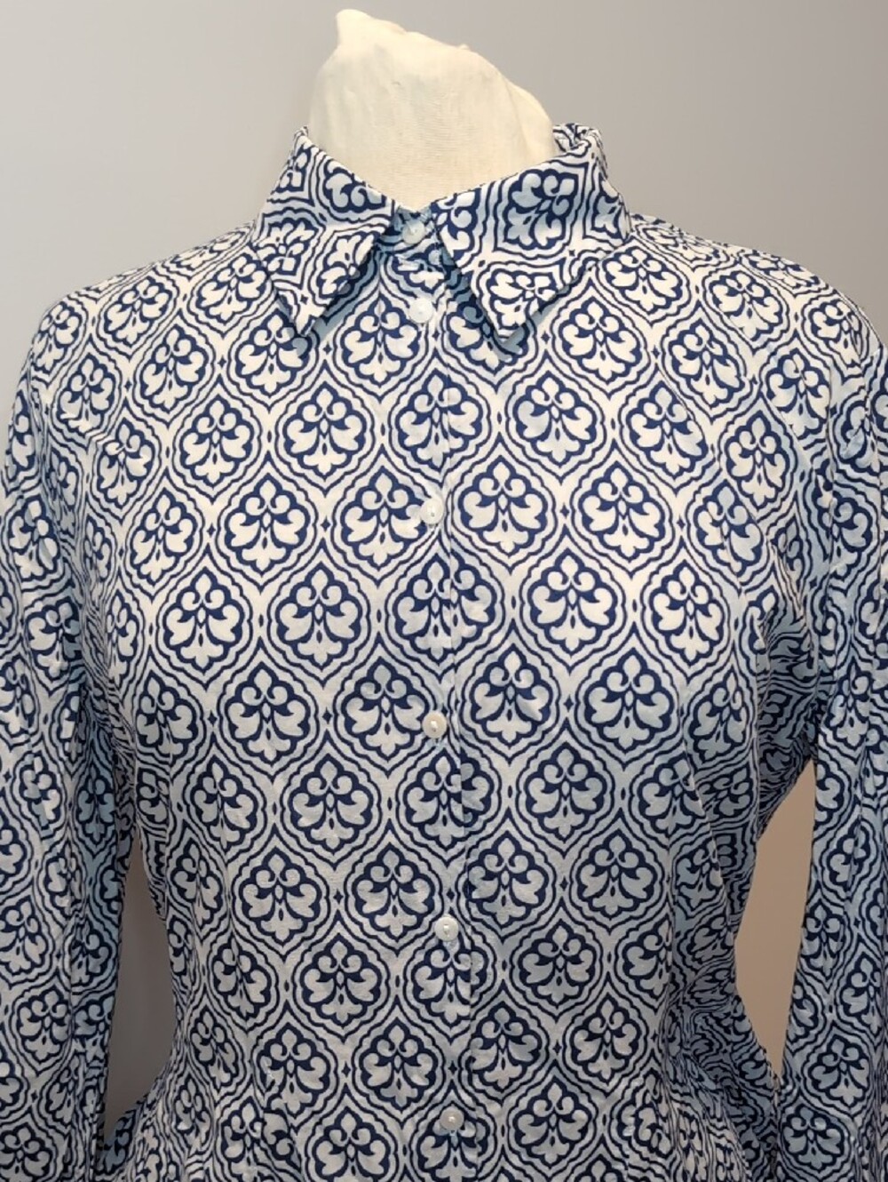 Zara Blue & White Geometric Patterned Button-Up Dress Skater Style Large - Picture 2 of 9